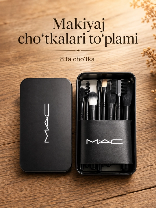 MAC makiyaj cho‘tkalari to‘plami, 8 dona, metall futlyar bilan - 