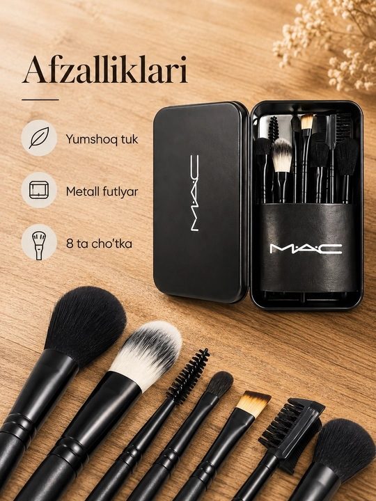 MAC makiyaj cho‘tkalari to‘plami, 8 dona, metall futlyar bilan