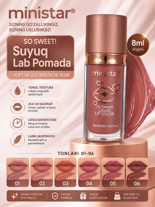 Ministar suyuq mat pomada, uzoq muddatli lab bo'yog'i, tonlari 01–06 - 