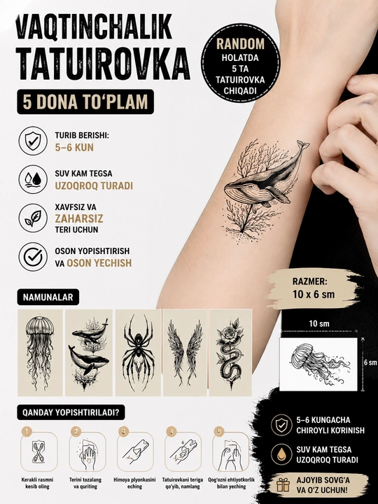 Vaqtinchalik tatuirovka (5 dona) | Turli dizaynlar | 10×6 sm - 
