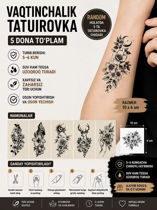 Vaqtinchalik tatuirovka (5 dona) | Turli dizaynlar | 10×6 sm - 