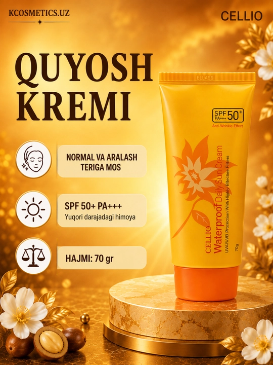 Quyoshdan himoyalovchi SPF 50+, namlantiruvchi,oziqlantiruvchi zagar krem, Cellio - 