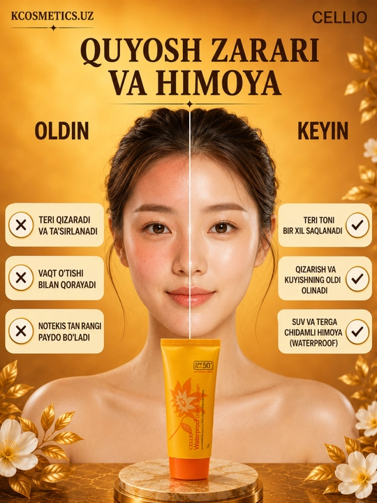 Quyoshdan himoyalovchi SPF 50+, namlantiruvchi,oziqlantiruvchi zagar krem, Cellio