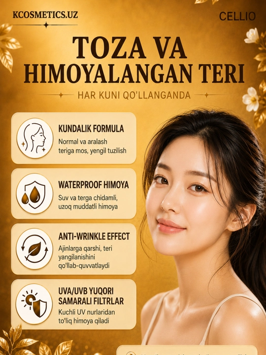 Quyoshdan himoyalovchi SPF 50+, namlantiruvchi,oziqlantiruvchi zagar krem, Cellio