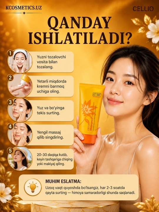 Quyoshdan himoyalovchi SPF 50+, namlantiruvchi,oziqlantiruvchi zagar krem, Cellio