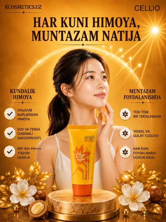 Quyoshdan himoyalovchi SPF 50+, namlantiruvchi,oziqlantiruvchi zagar krem, Cellio