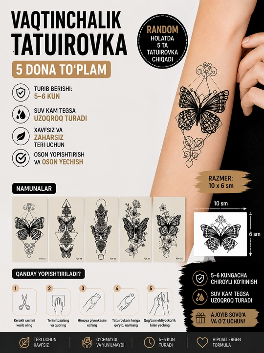 Vaqtinchalik tatuirovka (5 dona) | Turli dizaynlar | 10×6 sm - 