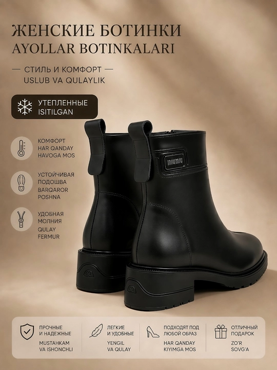Ayollar isitilgan botinkalari. Past poshnali, bazaviy botil'onlar