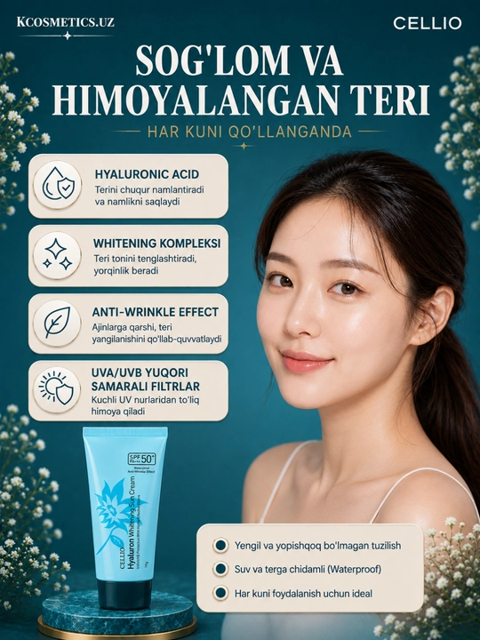 Yuz uchun namlantiruvchi va quyoshdan himoya qiluvchi krem, Dr.Cellio 98%, SPF 50+, Koreya