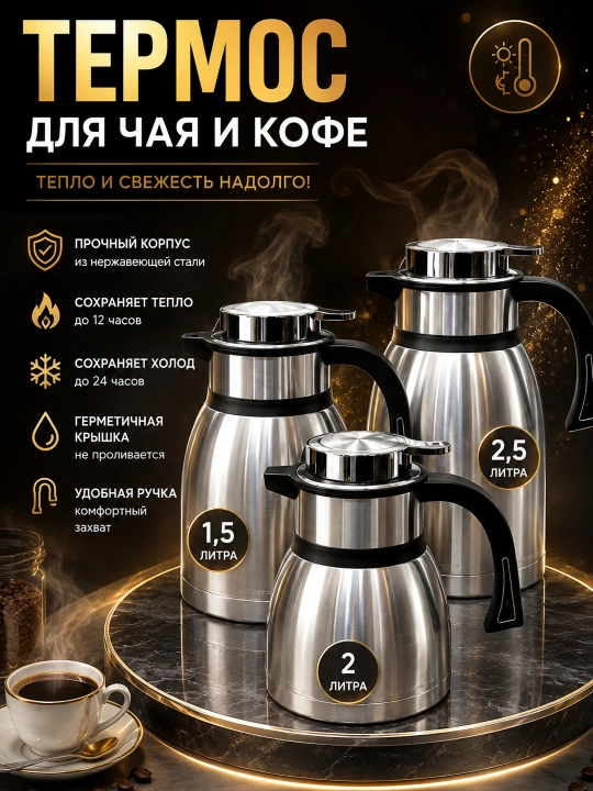 Choy va qahva uchun termos-ko‘za, 1,5 / 2 / 2,5 litr, zanglamaydigan po‘lat choy va qahva