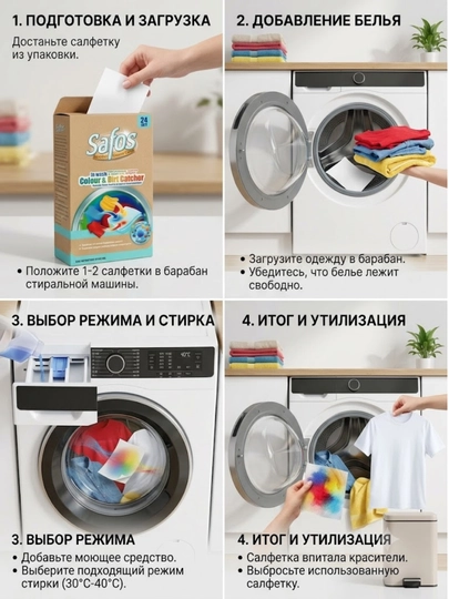Safos-Rang Ushlovchi Kir Yuvish Salfetkalari, Oqartirish, Rangli Kiyimlar Uchun