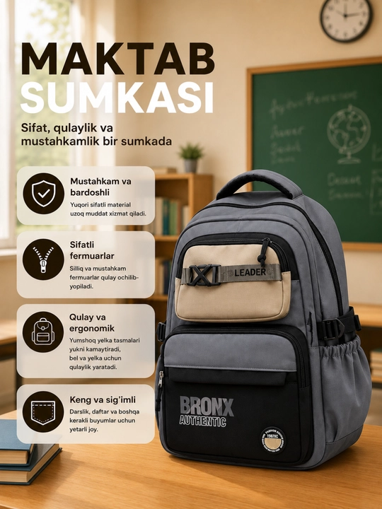 Maktab ryukzagi o‘g‘il bolalar uchun, maktab sumkasi, ko‘p bo‘limli