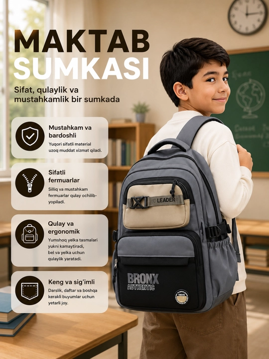 Maktab ryukzagi o‘g‘il bolalar uchun, maktab sumkasi, ko‘p bo‘limli - 