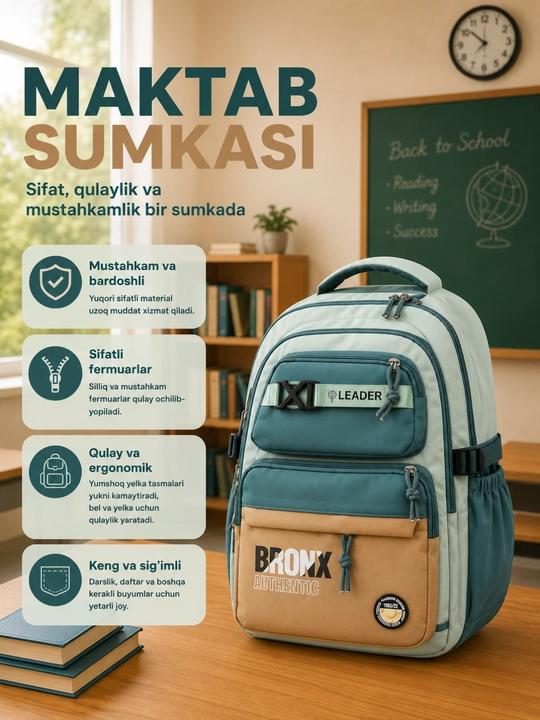 Maktab ryukzagi o‘g‘il bolalar uchun, maktab sumkasi, ko‘p bo‘limli