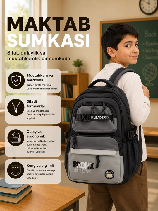 Maktab ryukzagi o‘g‘il bolalar uchun, maktab sumkasi, ko‘p bo‘limli - 