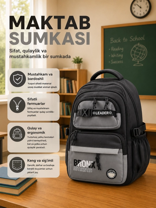 Maktab ryukzagi o‘g‘il bolalar uchun, maktab sumkasi, ko‘p bo‘limli