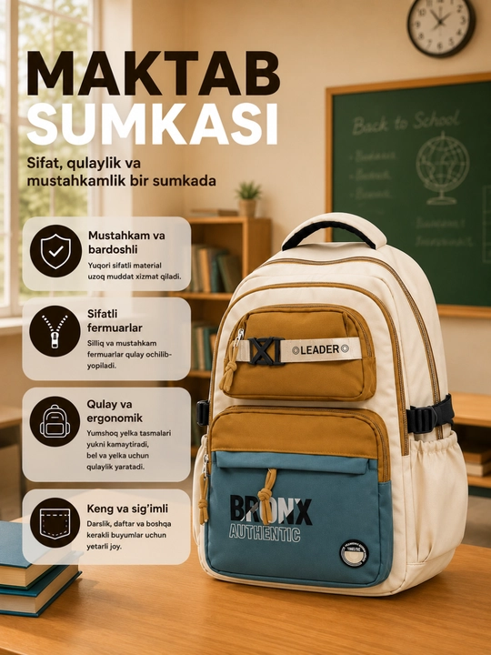 Maktab ryukzagi o‘g‘il bolalar uchun, maktab sumkasi, ko‘p bo‘limli