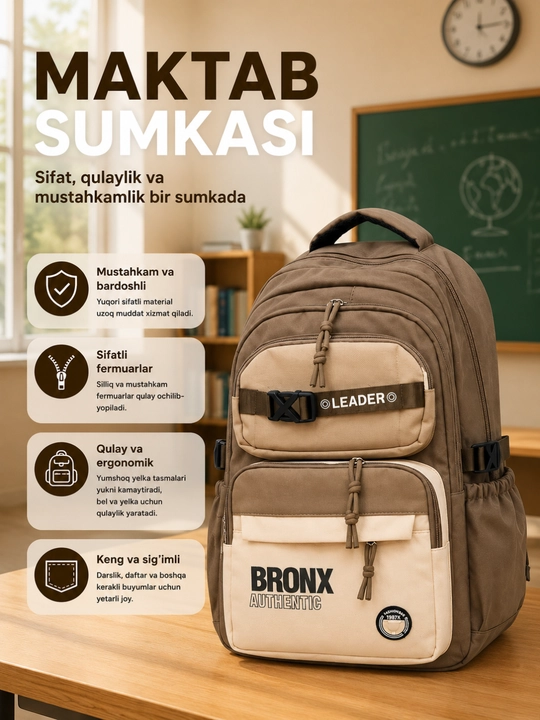 Maktab ryukzagi o‘g‘il bolalar uchun, maktab sumkasi, ko‘p bo‘limli