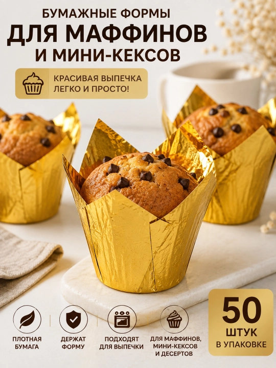 Бумажные формы для маффинов и мини-кексов, 50 шт, золотые формы для выпечки капкейков - 