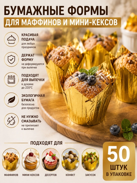Бумажные формы для маффинов и мини-кексов, 50 шт, золотые формы для выпечки капкейков