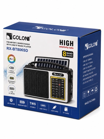 Radio GOLON RX-BT806SD portativ radiopriyomnik Bluetooth FM AM SW USB TF qora