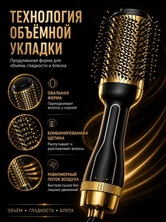 Фен-щётка JRM 1200W для волос, 3 температурных режима, быстрая сушка и укладка волос