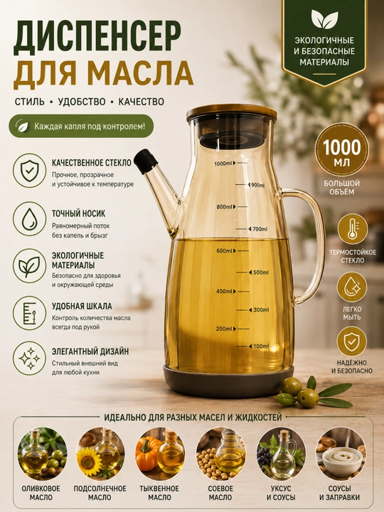 Yog' uchun grafin, temperli shisha idish, sirka, sous, ichimliklar 1 litr