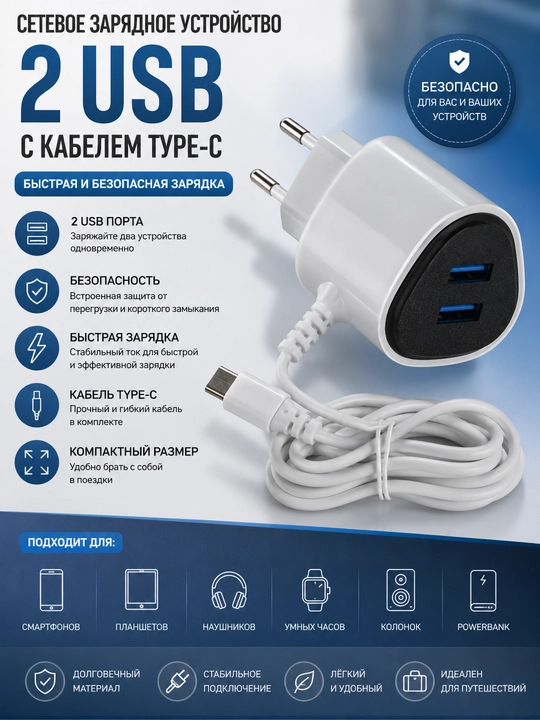 2 ta USB portli, Type-C kabel bilan tarmoq zaryadlash qurilmasi - 