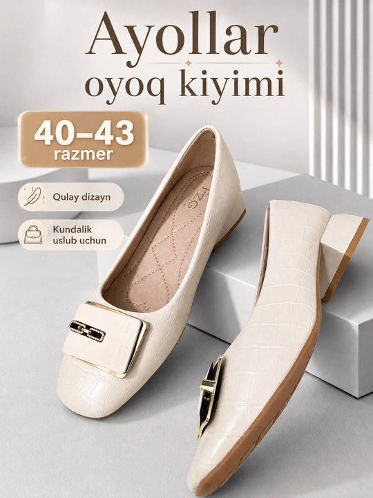 Ayollar poyabzali, katta o‘lchamli, past qulay poshnali, har kunlik, 40-43 o‘lchamli - 