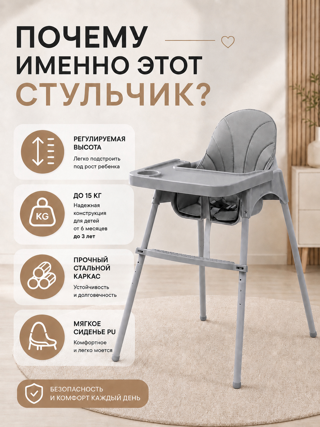 Детский стульчик для кормления регулируемый, со съемным столиком