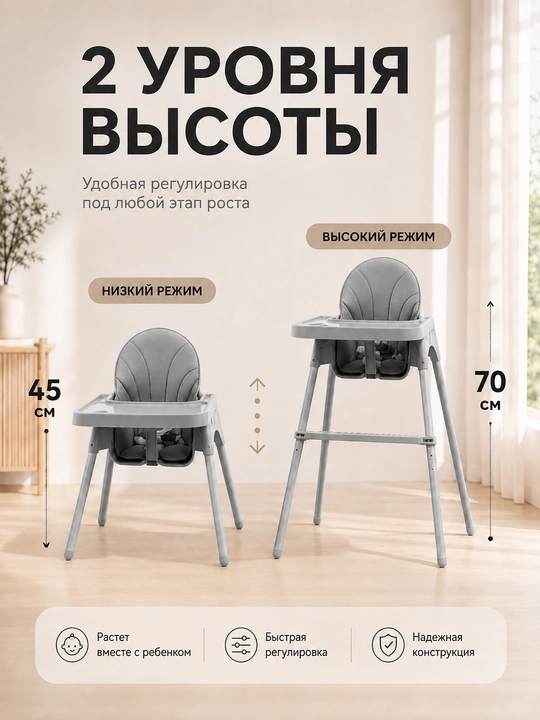 Детский стульчик для кормления регулируемый, со съемным столиком