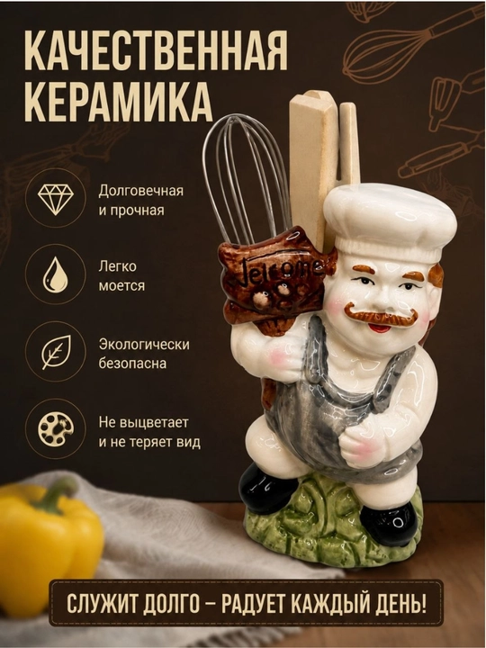 Керамическая подставка для кухонных принадлежностей «Повар» – декоративный органайзер