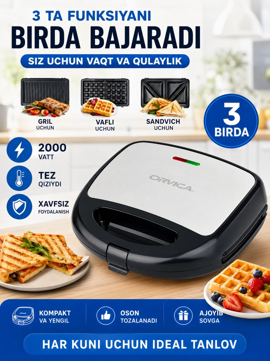 ORVICA 3 ta 1 da Elektr Grill Vafli va Sendvich Pishirgich 2000 Vt - 