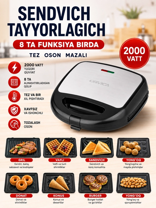 ORVICA 8 in 1 Sandvich Tayyorlagich 2000W - 