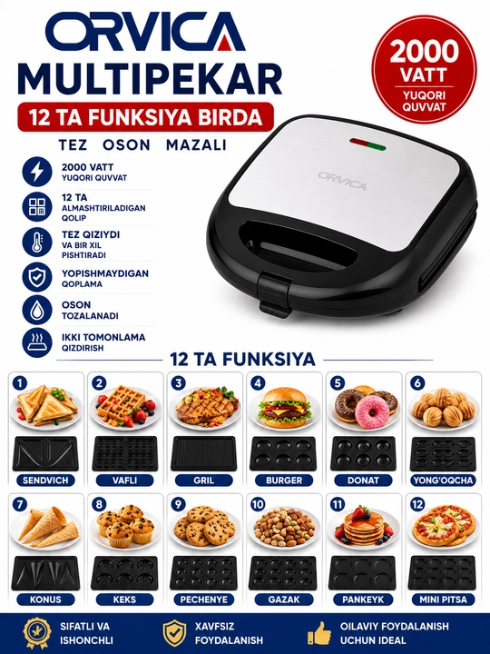 ORVICA 12 in 1 Multipishirgich 2000W Almashtiriladigan Qolipli - 