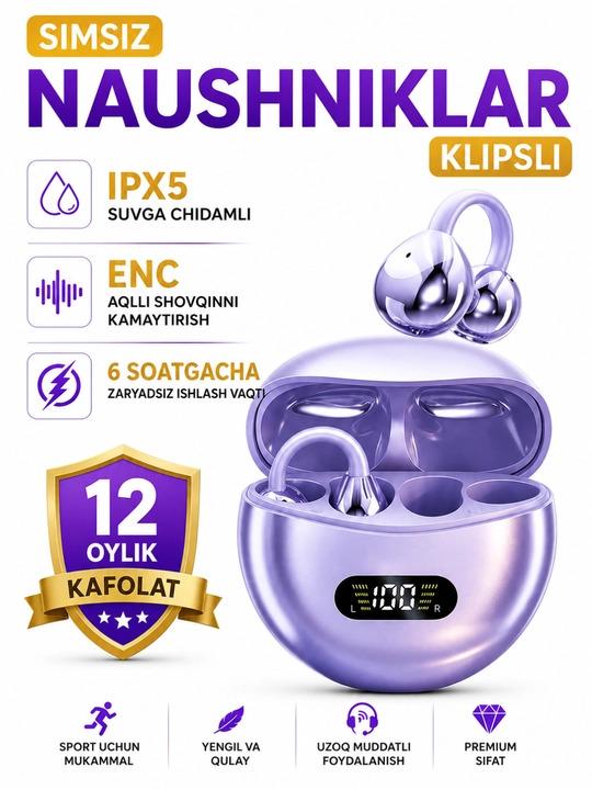 Simsiz quloqchinlar, Bluetooth, IPX5 namlikdan himoyalangan, 30 soat ishlaydi - 