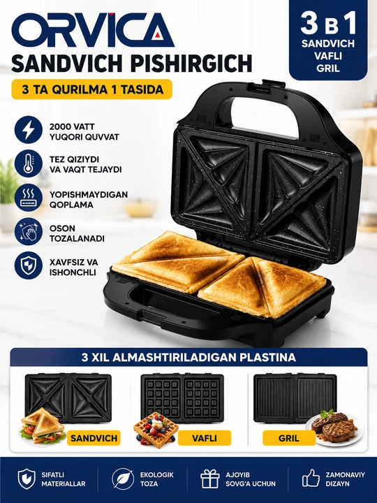 ORVICA 3 in 1 Sandvich Tayyorlagich 2000W Almashtiriladigan Plastinali - 