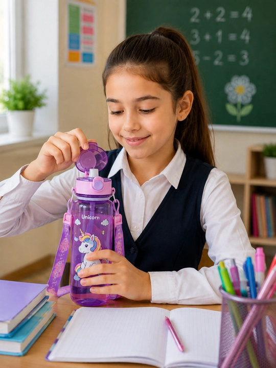 Бутылка для воды, для школьников, 500 мл, с трубочкой и ремешком, BPA Free, единорог