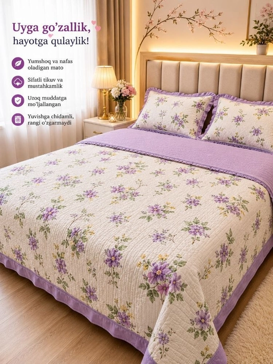 2 kishilik komplekt qovilgan 2 kishilik adyol 1 ta choyshab 2 ta yostiq materiali xb satin - 