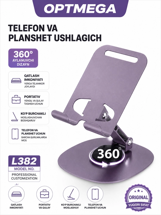 Telefon va planshet uchun sozlanadigan, buklanadigan taglik-ushlagich