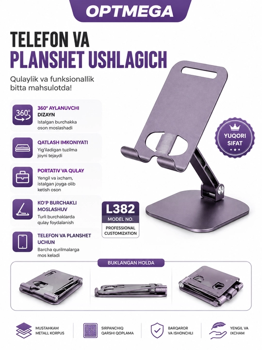 Telefon va planshet uchun sozlanadigan, buklanadigan taglik-ushlagich