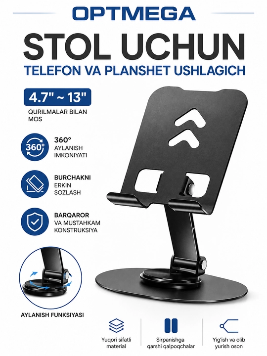 Telefon va planshet uchun sozlanadigan, buklanadigan taglik-ushlagich