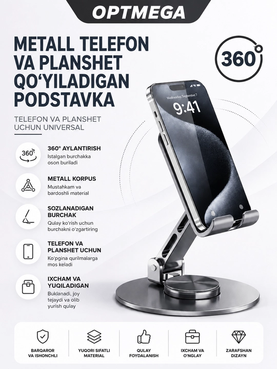 Telefon va planshet uchun sozlanadigan, buklanadigan taglik-ushlagich