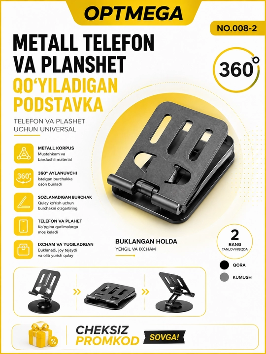Telefon va planshet uchun sozlanadigan, buklanadigan taglik-ushlagich
