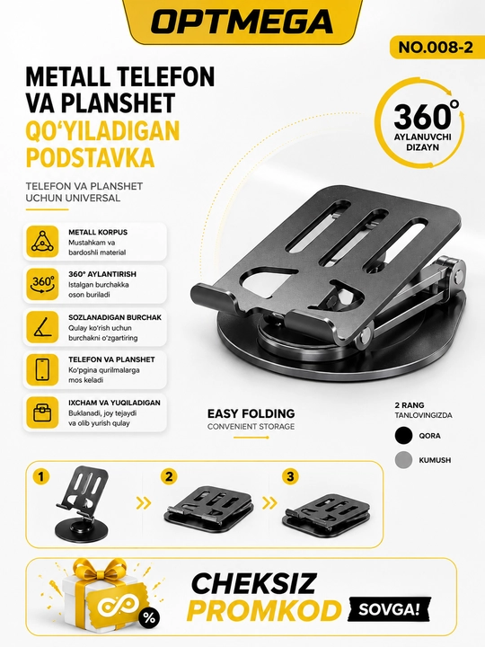 Telefon va planshet uchun sozlanadigan, buklanadigan taglik-ushlagich