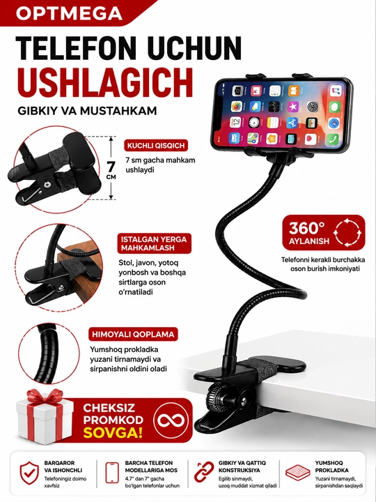 Telefon va planshet uchun sozlanadigan, buklanadigan taglik-ushlagich