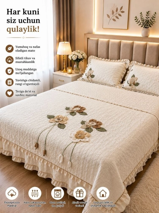 2 kishilik komplekt qovilgan 2 kishilik adyol 1 ta choyshab 2 ta yostiq materiali xb satin - 