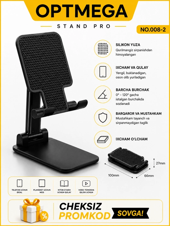 Telefon va planshet uchun sozlanadigan, buklanadigan taglik-ushlagich