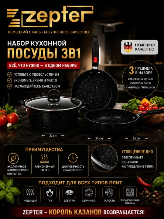 Набор посуды Zepter 3в1 вок 32см+казан 24см+сковорода 24см, антипригарные - 