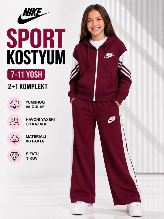 Qizlar sport kostyumi 3 qismli, sportivka, futbolka va shim komplekti, 7–11 yosh, XB paxta - 